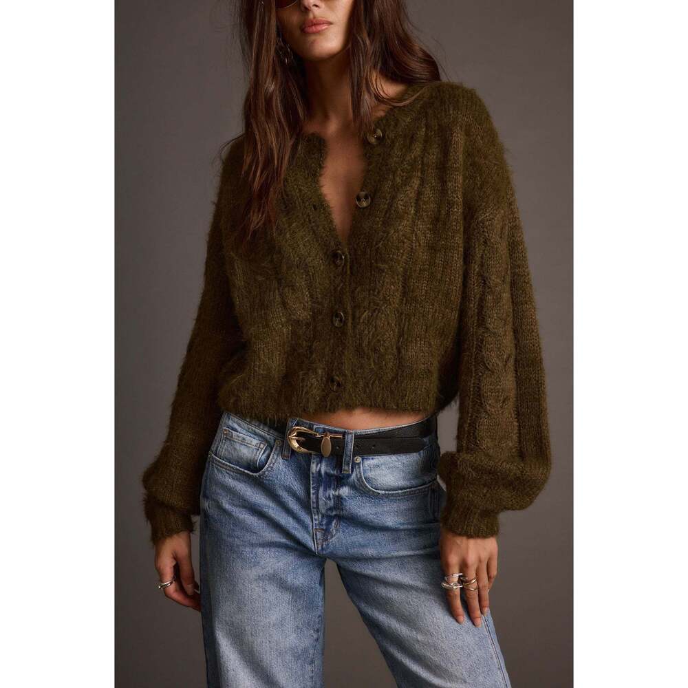 12th Tribe Archie Olive Cropped Cardigan Size MM